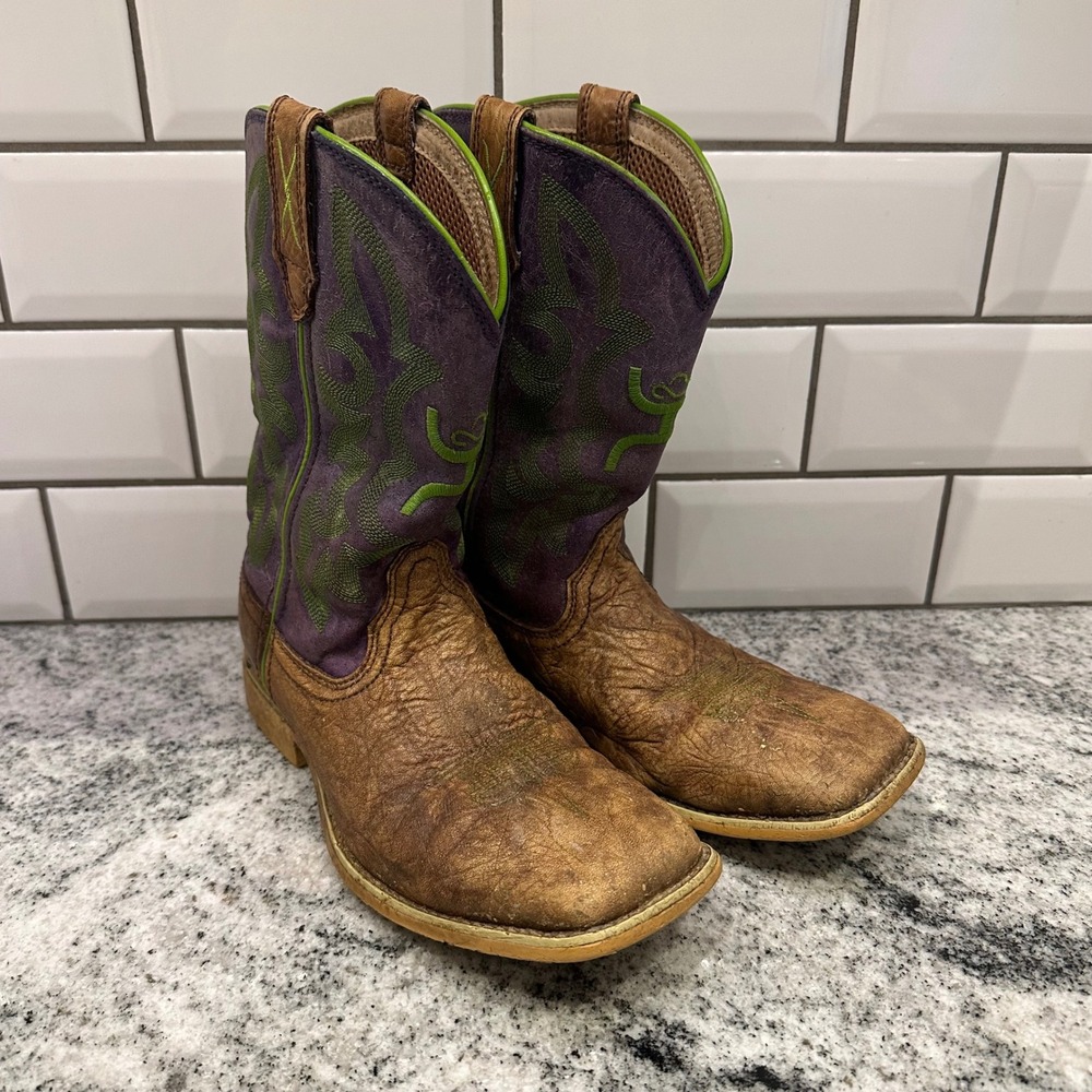 Twisted X Kids 3.5 M Cowboy Boots Brown Purple Green Square Toe Western YHY0004